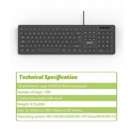 Acer OAK920 Q Usb SİYAH 1.8mt Kablolu Klavye/Tek Tuş Hesap Makinalı (Sessiz Tuş)